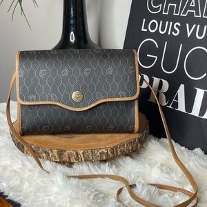 Christian Dior Vintage Black Honeycomb and Tan Leather Crossbody Bag